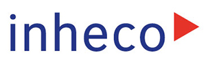 Inheco in blue letters next to red arrow pointing right