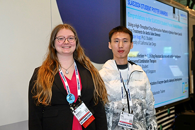 SLAS2024 Student Poster Award winners Marissa E. Davies, Postbaccalaureate Trainee (National Institutes of Health) and Kui You, Ph.D. Student (National University of Singapore).